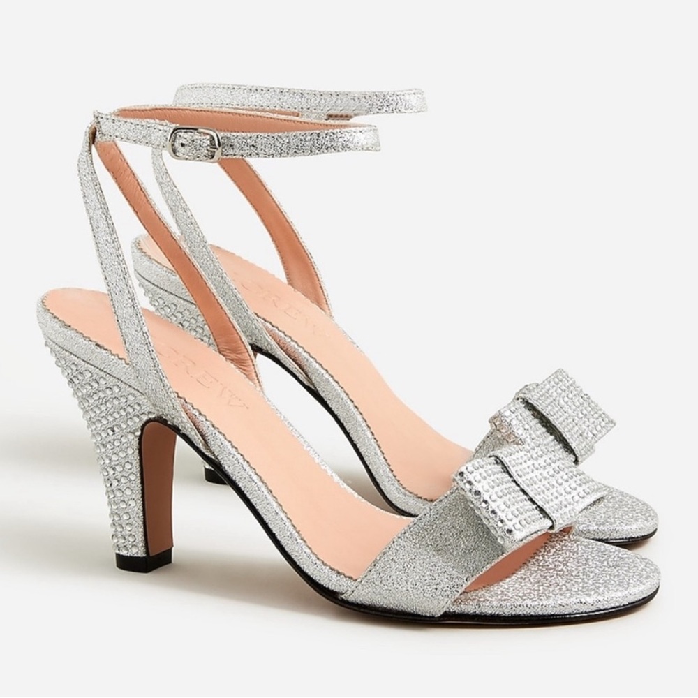 J. Crew Made-in-Italy crystal bow heels in lamé